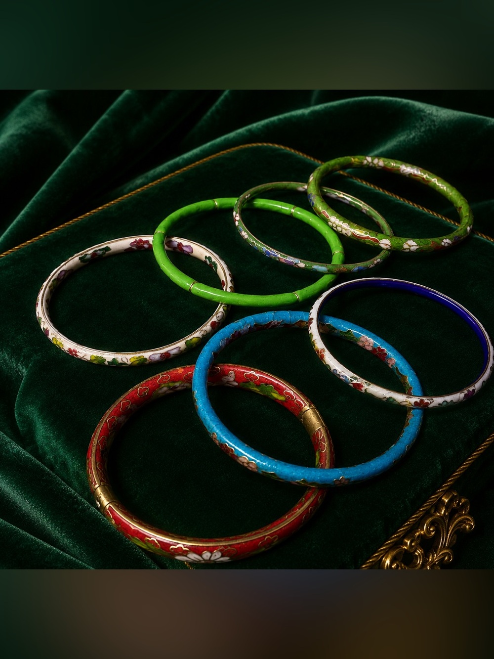Vintage Chinese cloisonné floral enamel bangle bracelets set collection of 7